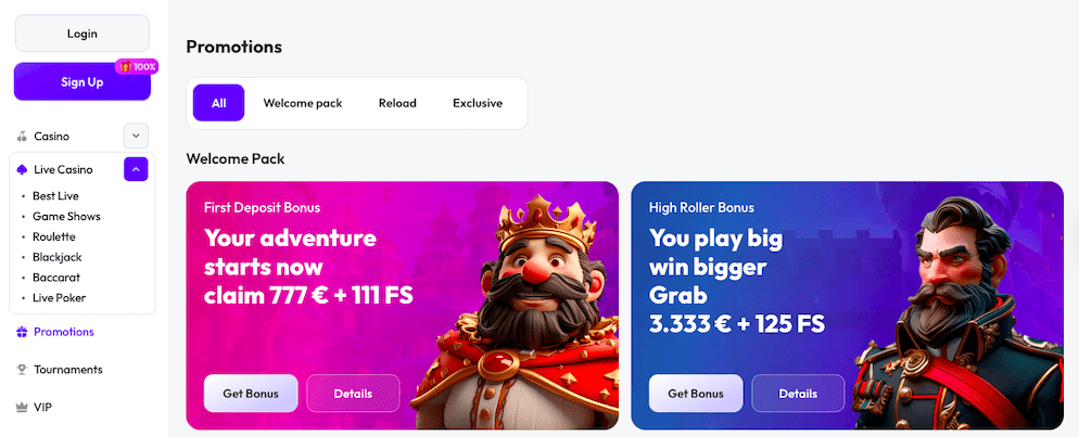 A screenshot of the Promotions page showing the First Deposit Bonus (€777 + 111 FS) and the High Roller Bonus (€3,333 + 125 FS)
