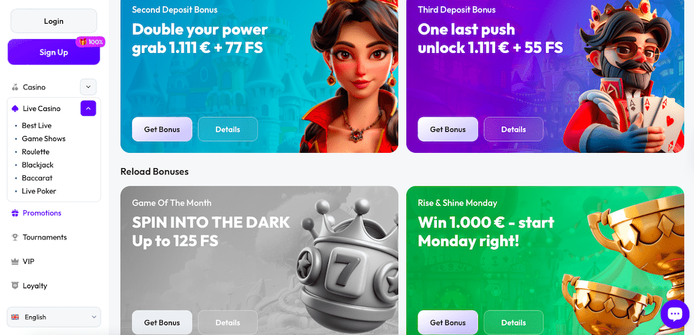 A display of the Second and Third Deposit Bonuses, plus ongoing reload offers like 'Game of the Month' and 'Rise & Shine Monday'.