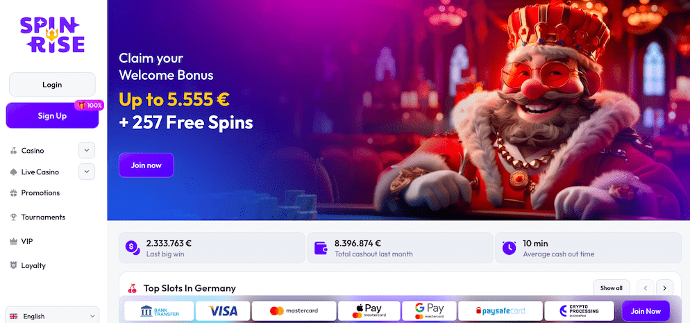 The main promotional banner for the Spinrise Casino VIP Club, featuring a King character in a red suit and the tagline "Play Like Royalty."