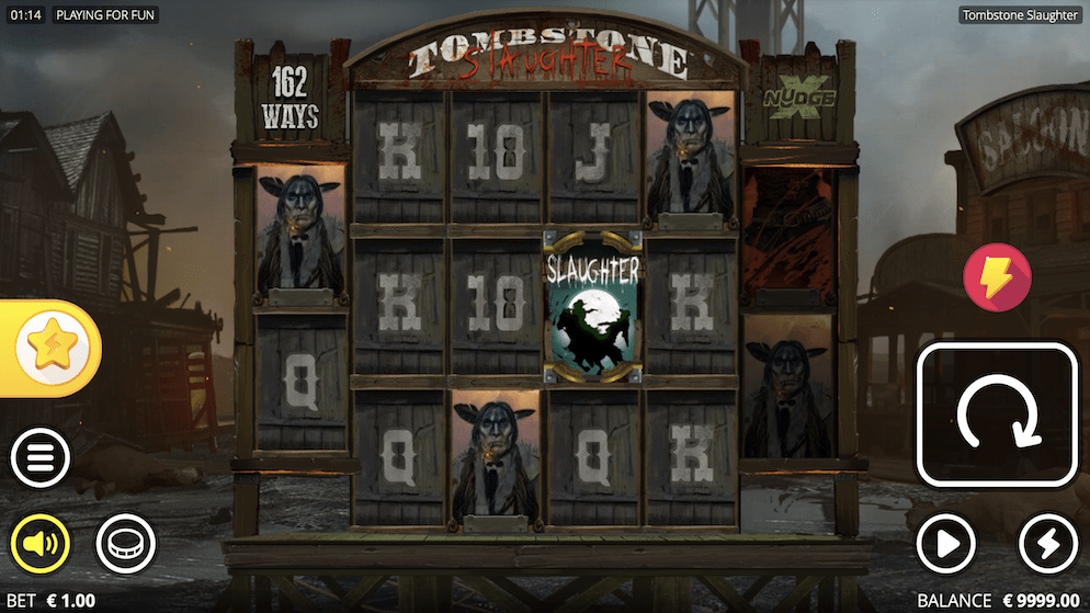 The gritty title screen of the Tombstone Slaughter online slot by Nolimit City, featuring the burning town of Tombstone and the menacing protagonist character holding guns.