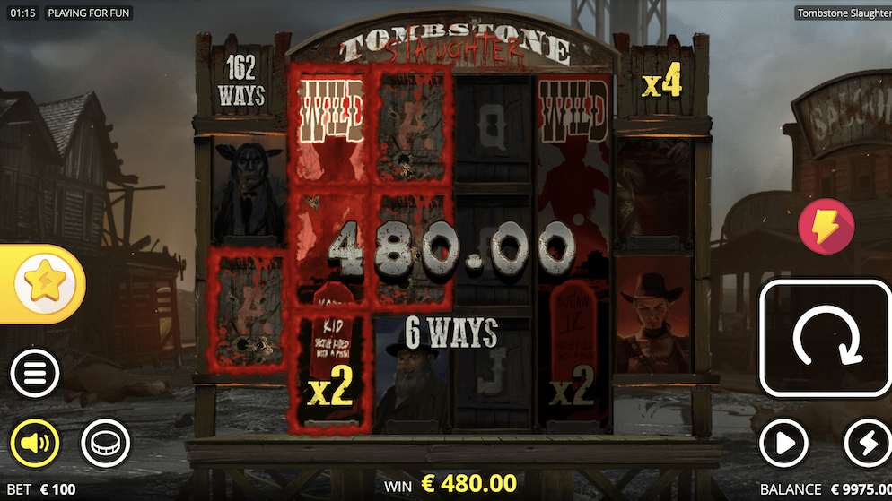 A Mega Win celebration screen from Tombstone Slaughter, displaying a large payout count of 432.00 with blood-spatter effects and the winning character symbol.