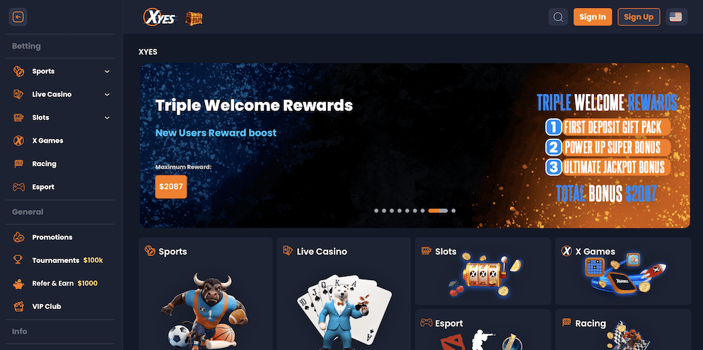 Xyes Casino promotions page showing ongoing bonuses: Max Level-up Bonus, Weekly Sports Bonus ($18,000), and Massive XCD Rewards.