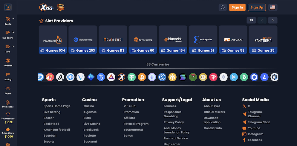 Xyes Casino interface showing slot providers (Pragmatic Play, Microgaming, Endorphina) and a list of 38 accepted crypto and fiat currencies.