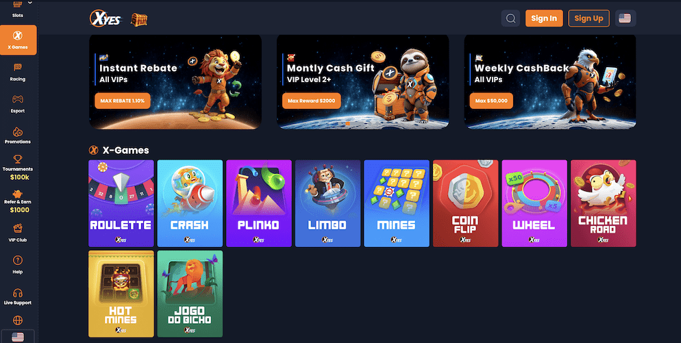 Xyes Casino 'X-Games' section showing crypto originals like Crash, Plinko, Mines, and the Instant Rebate promotion featuring a lion mascot.