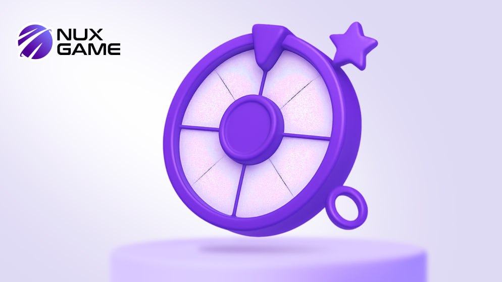 A promotional graphic for NuxGame displaying 3D casino elements like dice, chips, and a roulette wheel, alongside analytics charts, representing their comprehensive iGaming software.