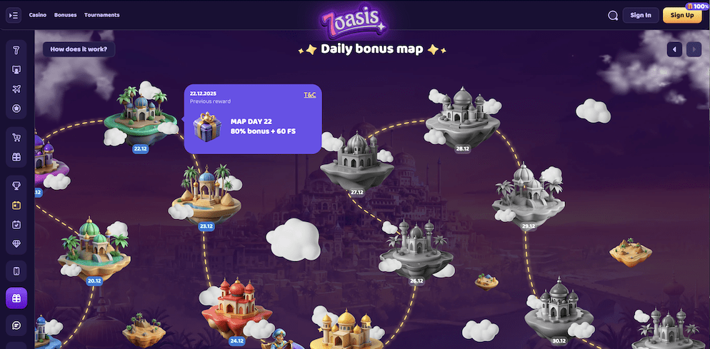 The interactive "Daily bonus map" at 7Oasis Casino, featuring a progression path of floating islands where players unlock unique rewards for logging in daily.