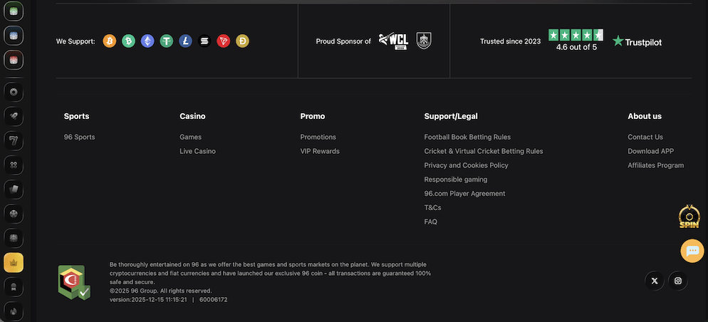 The footer section of the 96 Casino website displaying supported cryptocurrencies like Bitcoin and Ethereum, alongside sponsorship logos for WCL and Burnley FC, and a Trustpilot rating.