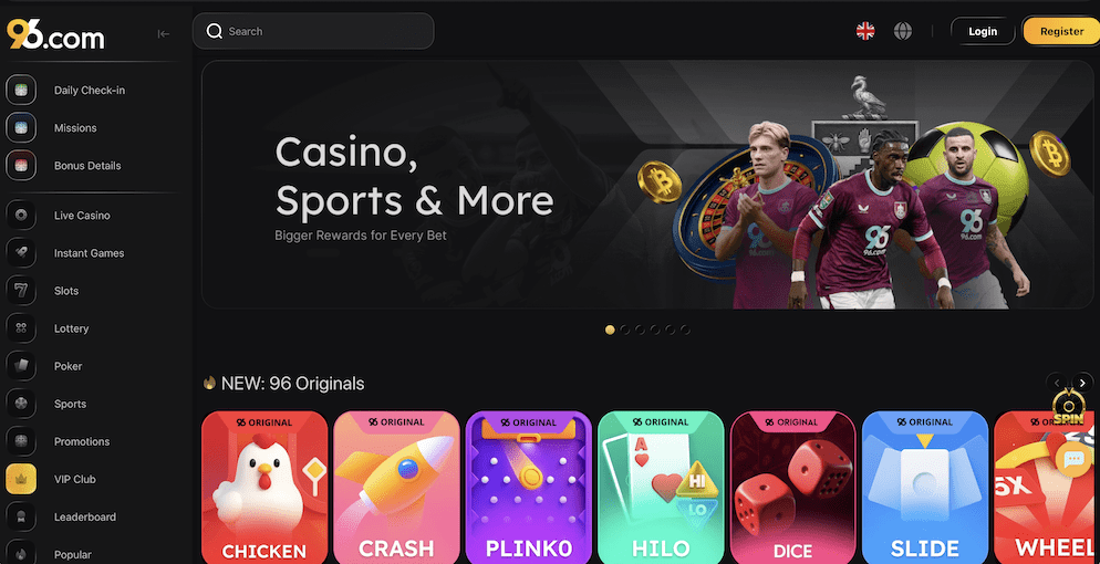 The homepage banner of 96 Casino featuring Burnley FC players and the text "Casino, Sports & More - Bigger Rewards for Every Bet," highlighting their official partnership.