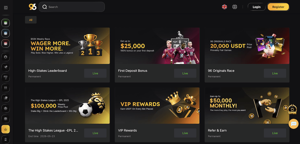 The "All Tasks" promotions page at 96 Casino featuring banners for the "High-Stakes Leaderboard," "$25,000 First Deposit Bonus," and "VIP Rewards."