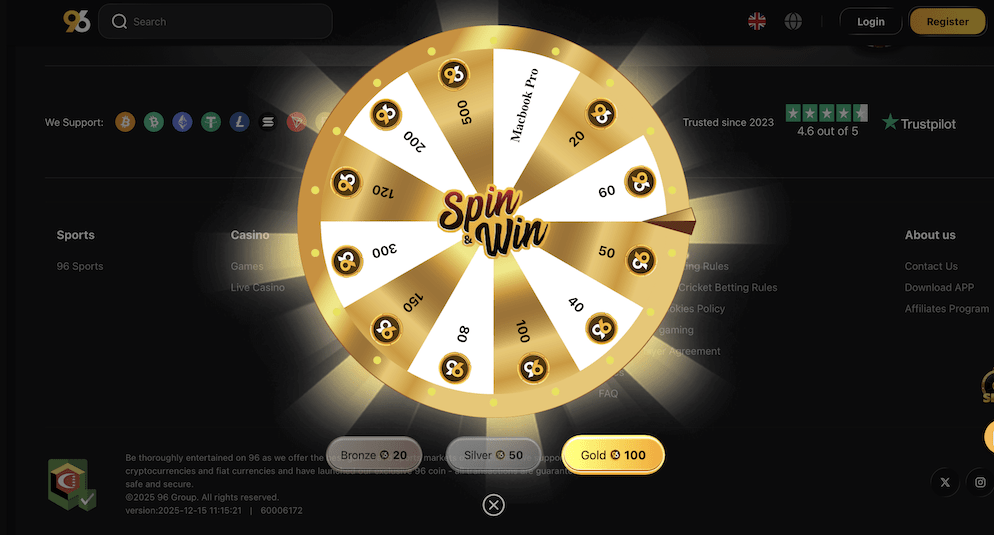 A gold "Spin & Win" prize wheel featuring segments with cash prizes, 96 Coins, and high-value items like a "Macbook Pro."