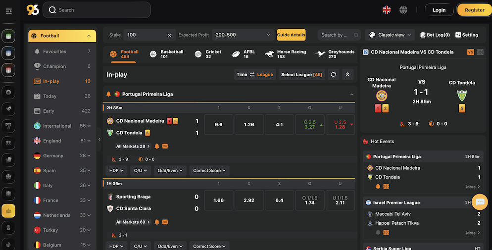 The in-play sports betting interface at 96 Casino showing live football odds for a match between CD Nacional Madeira and CD Tondela, with market options for diverse sports.