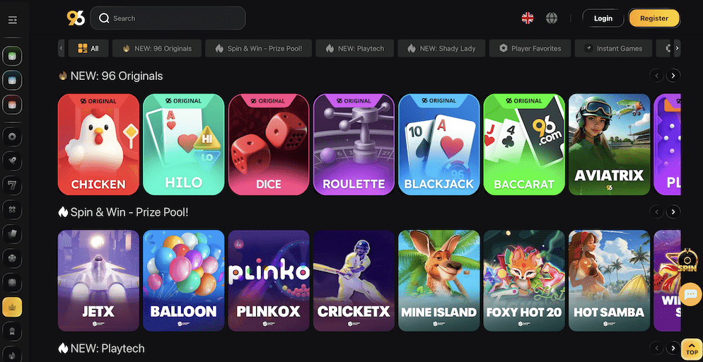 A selection of "96 Originals" games displayed on the casino lobby, including titles like Chicken, Hilo, Dice, Roulette, and Plinko with colorful game thumbnails.