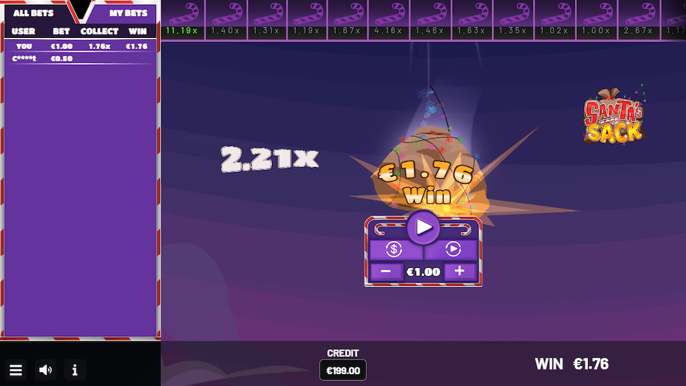 A screenshot of the Santa's Sack game showing the multiplier at 2.21x and a "€1.76 Win" message after a successful cashout, just before the sack crashes.