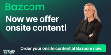 A promotional banner with a green and blue gradient background featuring the Bazoom logo and large white text that reads, "Now we offer onsite content!". A smiling professional woman stands with crossed arms next to the text. Below her is a button with the text "Order your onsite content at Bazoom now".