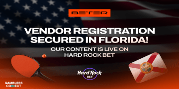 A marketing graphic displaying the BETER logo, a table tennis racket, the Florida state flag, and the Hard Rock Bet logo against a US flag background.