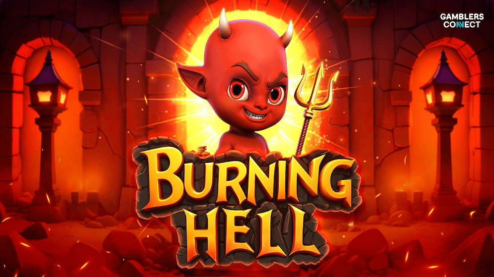 A gameplay screenshot of the Burning Hell slot showing the 5x4 grid, Expanding Wild symbols, and the interface for the Luck of the Devil Bonus Game.