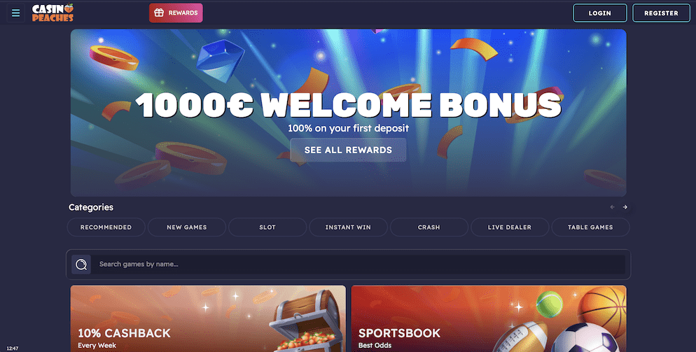 The homepage of Casino Peaches featuring a colorful banner advertising a 100% up to €1000 welcome bonus.