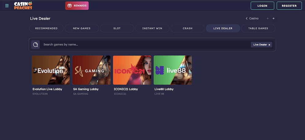 The Live Dealer section at Casino Peaches showing lobbies for Evolution, SA Gaming, Iconic21, and Live88.