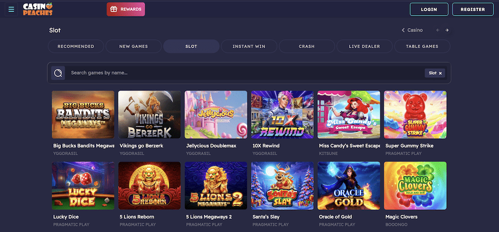 The slots category view at Casino Peaches displaying popular titles like Vikings Go Berzerk, Jellycious Doublemax, and Big Bucks Bandits Megaways.