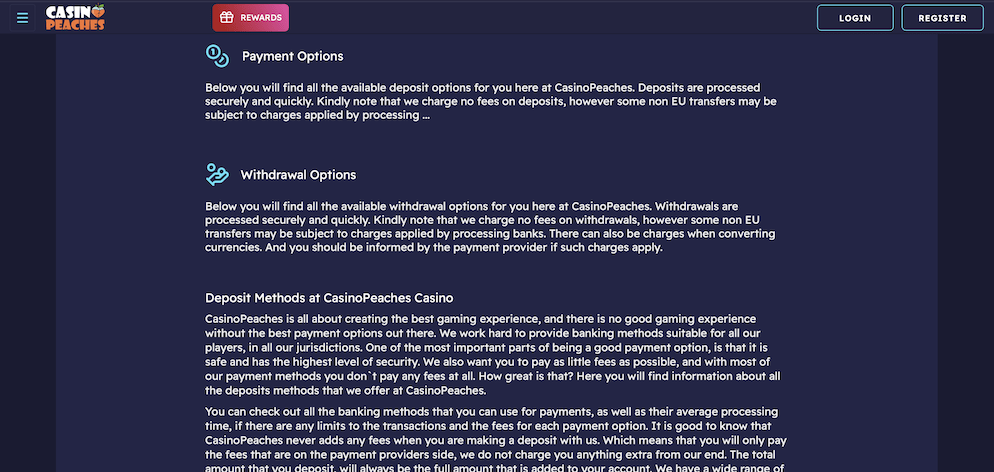 The banking information section at Casino Peaches describing secure payment processing and fee-free policy.