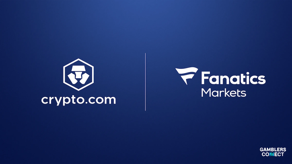 The Fanatics logo displayed alongside the Crypto.com logo on a digital financial trading background.
