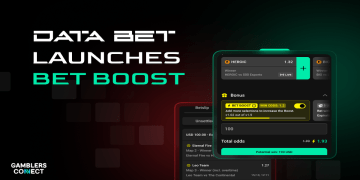 A promotional graphic for DATA.BET titled "DATA.BET Launches Bet Boost," featuring a dark-mode betting interface with a highlighted yellow "Bet Boost" toggle switch.