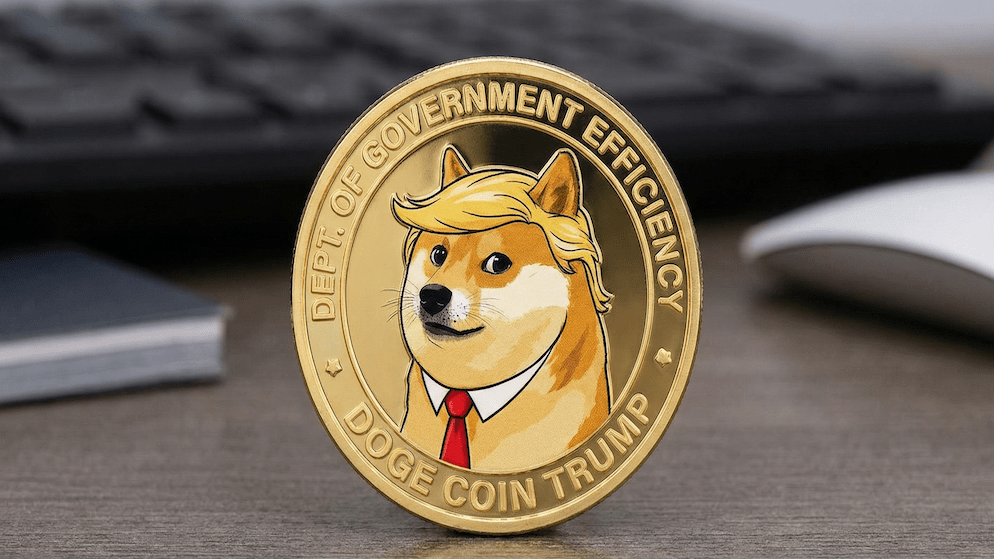 A novelty gold coin featuring the "Doge" shiba inu dog wearing a Donald Trump wig and suit, labeled "Department of Government Efficiency" and "Doge Coin Trump".