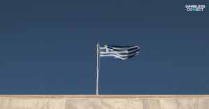 The exterior of the Hellenic Gaming Commission (EEEP) building in Athens, overlaid with a graphic representing a digital firewall blocking illegal gambling domains.