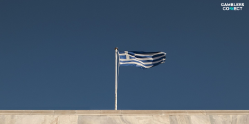 The exterior of the Hellenic Gaming Commission (EEEP) building in Athens, overlaid with a graphic representing a digital firewall blocking illegal gambling domains.