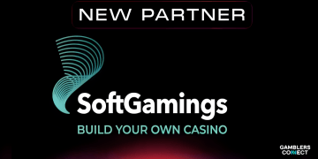 A promotional banner with a dark background featuring the text "NEW PARTNER" above the SoftGamings logo and tagline "BUILD YOUR OWN CASINO," with the Gamblers Connect logo in the corner.