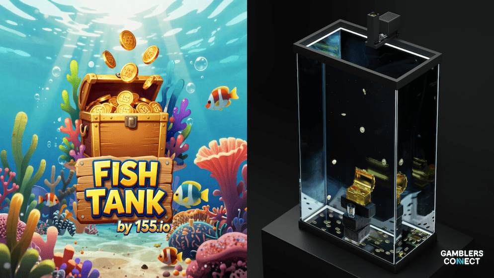 A detailed view of the physical aquarium setup for the Fish Tank game, showing a sleek black tank with a mechanical device dropping coins into the water towards a treasure chest target.