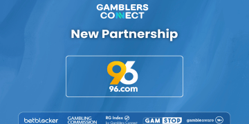 A promotional graphic displaying the Gamblers Connect logo and the 96 Casino logo side-by-side, announcing a new strategic partnership.