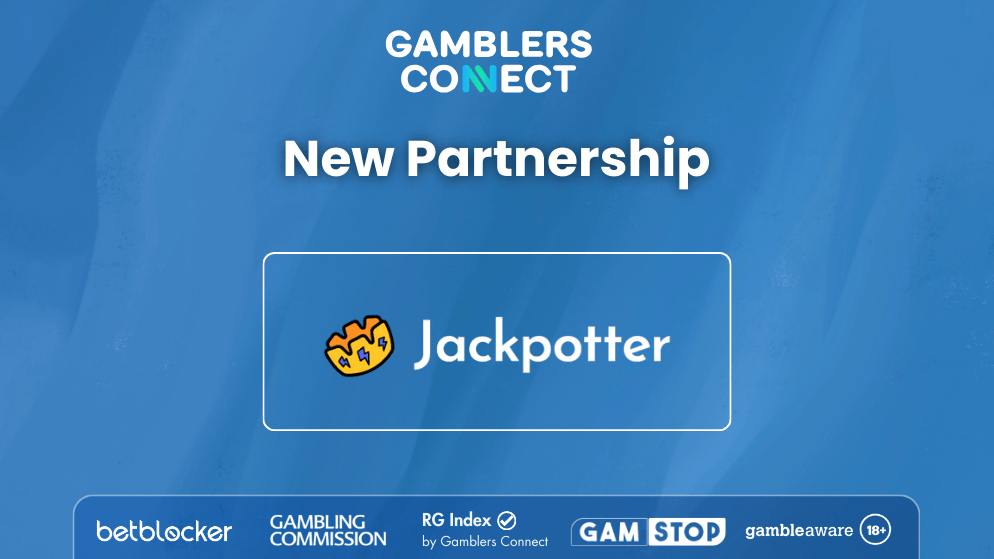 The official partnership announcement graphic for Gamblers Connect and Jackpotter, including the "New Partnership" text and responsible gaming logos.