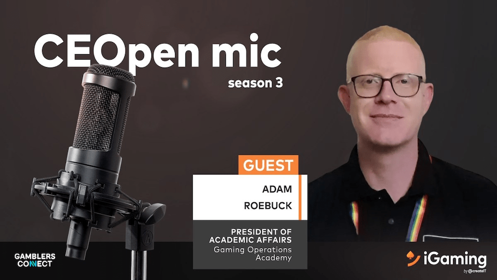 Adam Roebuck, President of Academic Affairs at Gaming Operations Academy, featured in a podcast interview graphic.