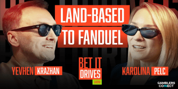 Karolina Pelc and Yevhen Krazhan seated in a vehicle during the filming of the "Bet It Drives" podcast in Rome, with a graphic overlay reading "Land-Based to FanDuel."