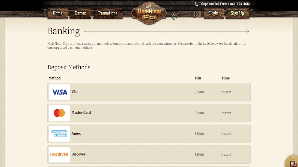 The banking section of High Noon Casino listing deposit methods including Visa, Mastercard, Amex, and Discover with a $35 minimum.