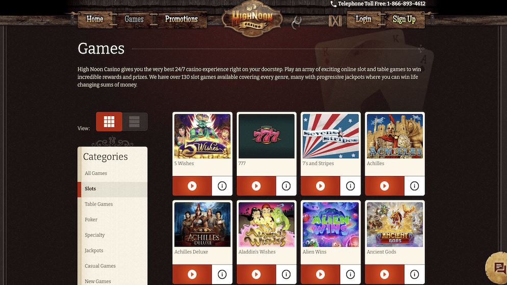 The games library at High Noon Casino showing popular RTG slots like 5 Wishes, Achilles, and 7's and Stripes.