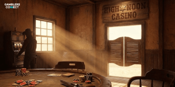 An atmospheric image of a dusty western saloon with light streaming through the doors, a poker table in the foreground, and a "High Noon Casino" sign