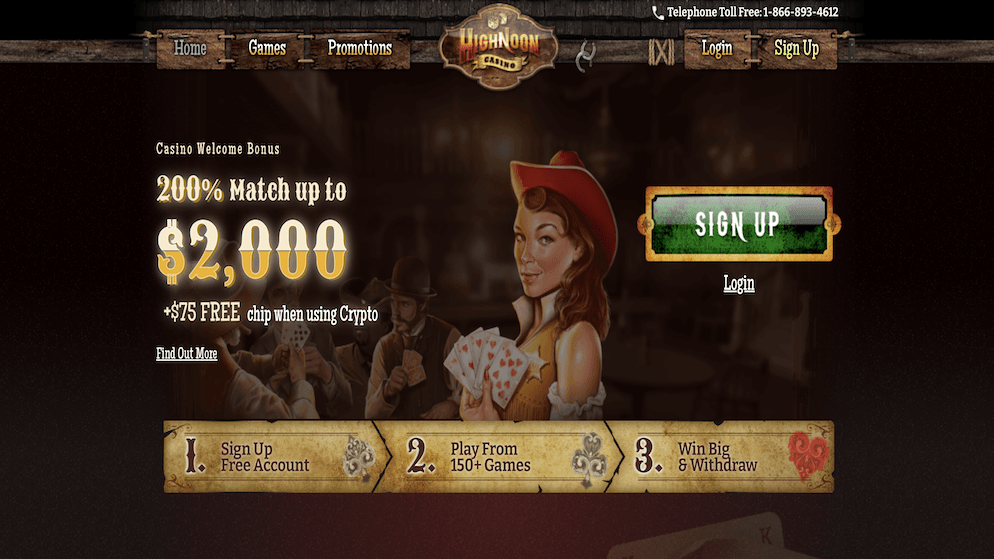 The homepage of High Noon Casino featuring a cowgirl character and a banner advertising a "200% Match up to $2,000 + $75 Free Chip" welcome bonus.