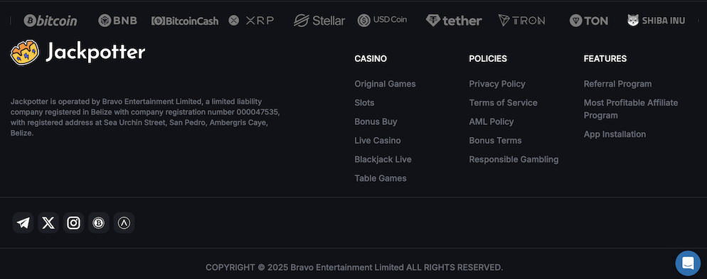The footer of the Jackpotter Casino website, displaying logos for supported cryptocurrencies like Bitcoin and Ethereum, license information for "Bravo Entertainment Limited" in Belize, and links to various policies and features.