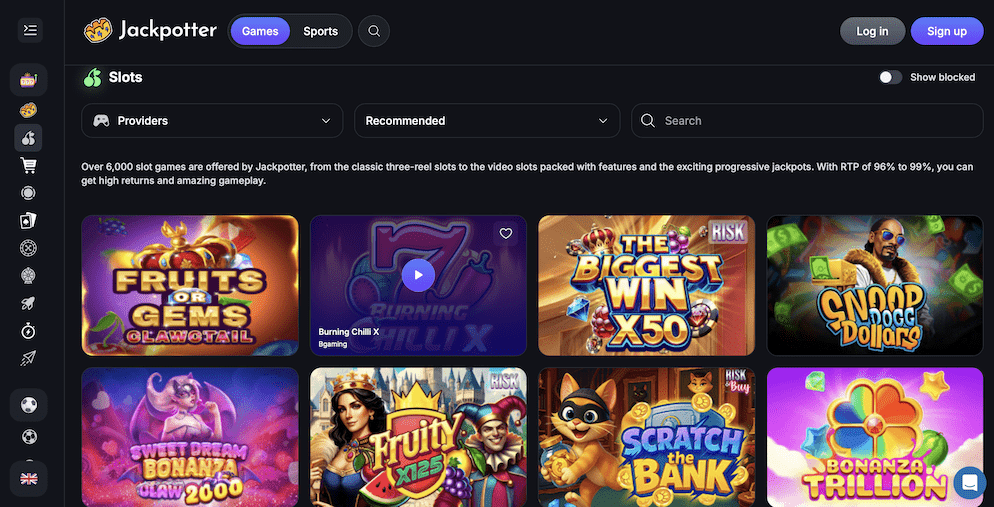 The Jackpotter Casino "Slots" lobby, displaying a variety of slot game thumbnails like "Fruits or Gems" and "Snoop Dogg Dollars," with filtering options and a search bar. Text at the top highlights the 6,000+ game library and high RTPs.