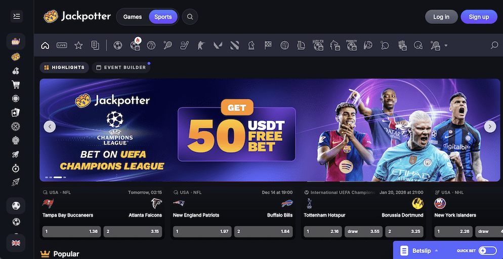 The Jackpotter sportsbook interface featuring a large banner promoting betting on the UEFA Champions League with a "50 USDT Free Bet" offer, depicting several football players. Below are betting lines for various sports including NFL, UEFA, and NHL.
