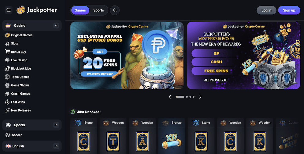 A screenshot of the Jackpotter Casino homepage, featuring banners for an "Exclusive PayPal USD Bonus" and "Mystery Boxes", a left-hand navigation menu, and a "Just Unboxed" winners feed.