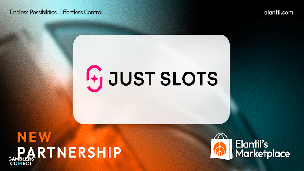 The corporate logo of Just Slots displayed on a modern background, symbolizing the studio's integration into Elantil's platform solutions ecosystem.