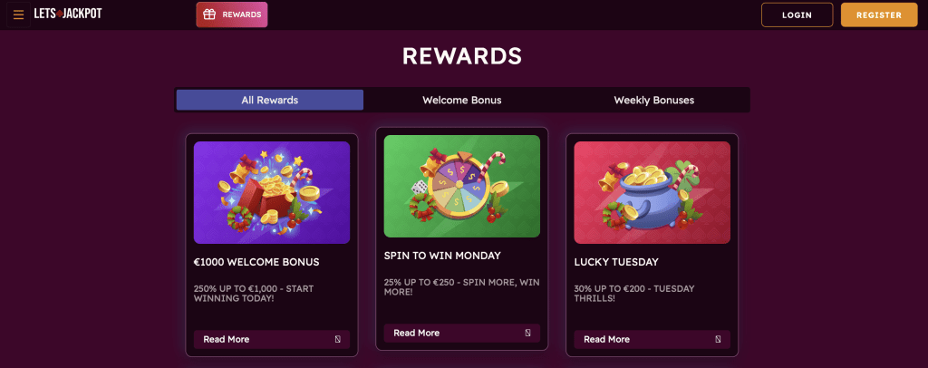 The "Rewards" page on Let's Jackpot, displaying cards for the €1000 Welcome Bonus, "Spin to Win Monday", and "Lucky Tuesday" offers.
