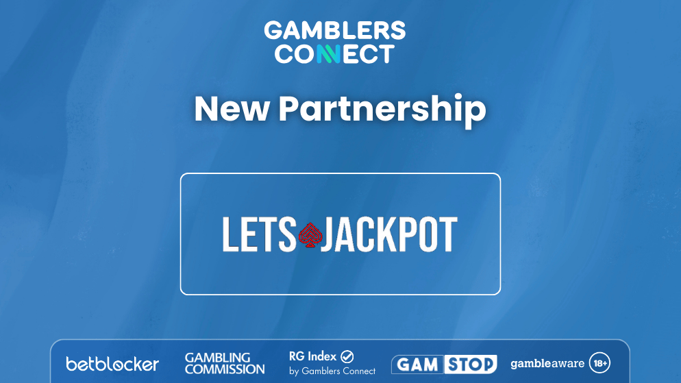 The official partnership graphic featuring the Let's Jackpot and Gamblers Connect logos against a blue background, accompanied by responsible gambling trust badges like GamStop and the Gambling Commission.