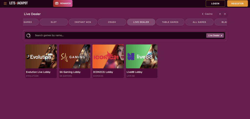 A screenshot of the Let's Jackpot live dealer section, showing lobbies for Evolution, SA Gaming, Iconic21, and Live88.