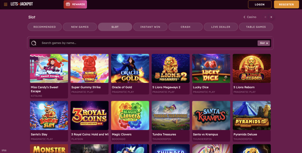 The "Slot" section of the Let's Jackpot casino lobby, displaying a grid of various online slot games including "Miss Candy's Sweet Escape" and "5 Lions Megaways".