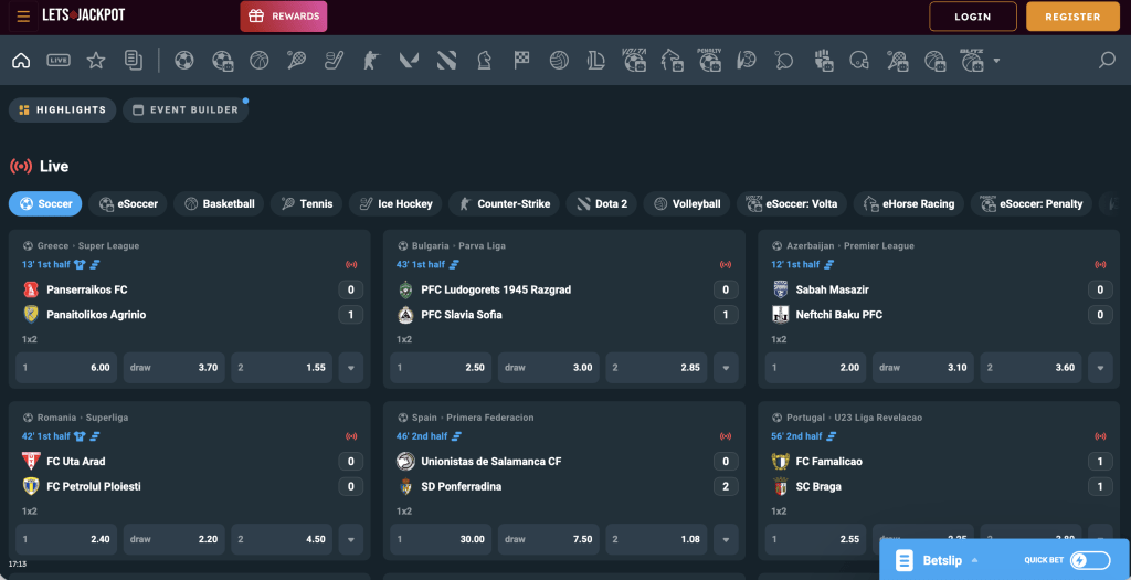 The live betting interface of the Let's Jackpot Sportsbook, showing ongoing soccer matches with real-time odds.
