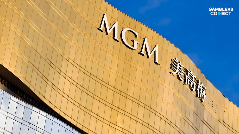 A low-angle view of the iconic MGM Macau tower, symbolizing the company's commitment to social responsibility and sustainable development in the region.